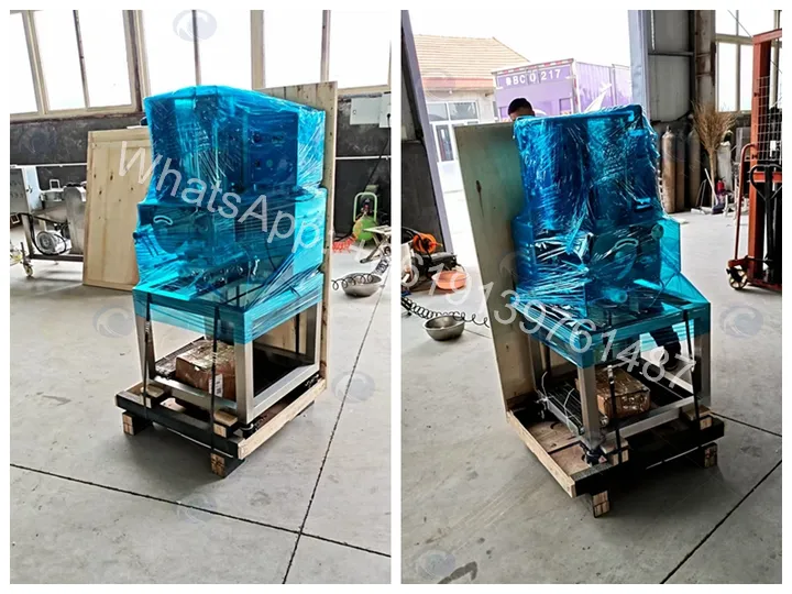 Wrapping the meat burger forming machine in plastic film